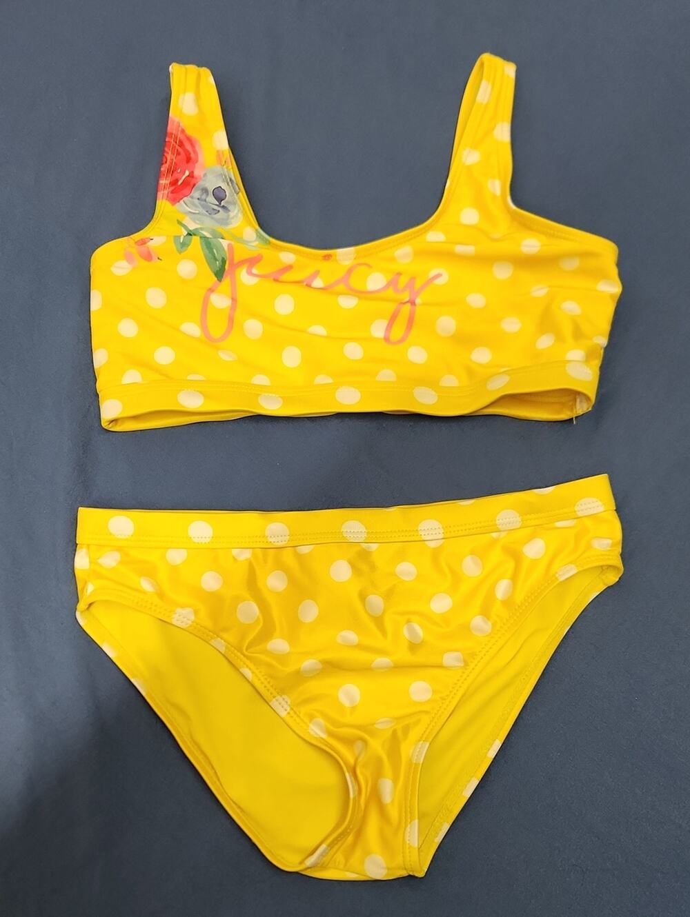 Juicy Couture Yellow Polka Dot Girls' Two-Piece Swim Set with Floral Accent
